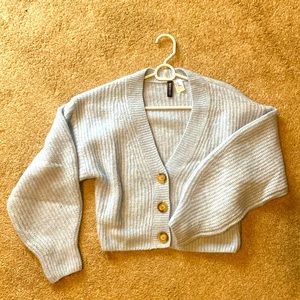 Light blue cropped button front sweater.